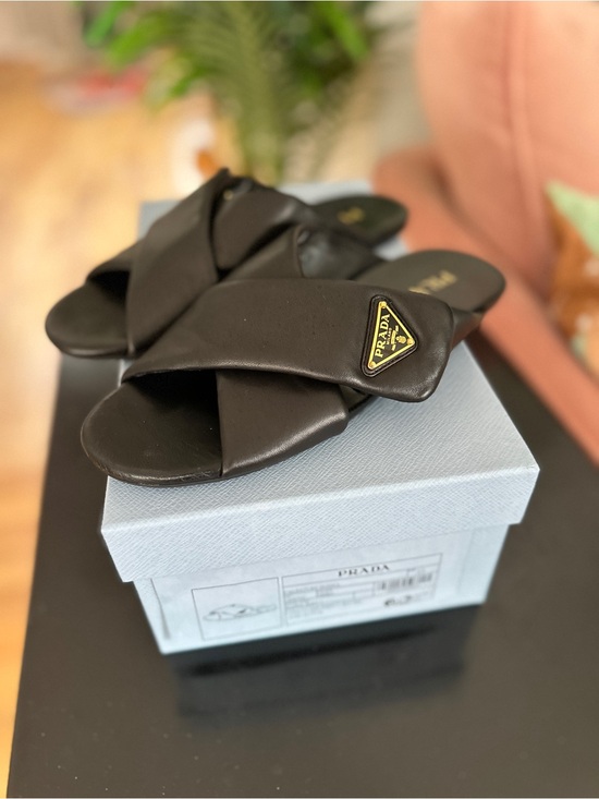 Prada Shoes - Prada Black Napa Leather Crisscross Logo Slide Sandals - Size 37 (6.5, 7)